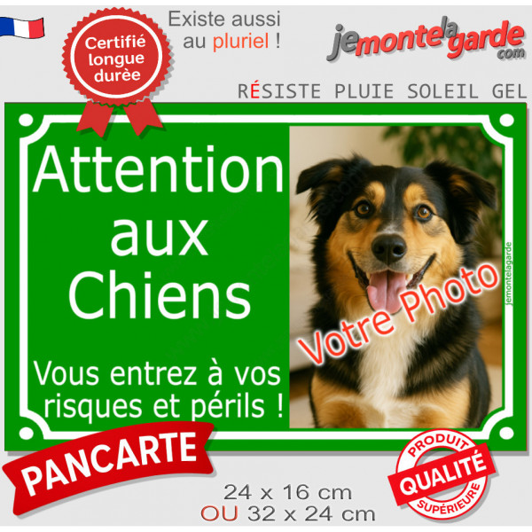 Photo personnalisable, pancarte portail vert gazon "Attention au Chien, risques périls" look plaque de rue extérieure