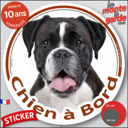 Boxer bringé foncé, presque noir, sticker autocollant rond "Chien à Bord" Disque photo adhésif vitre voiture auto, bringué