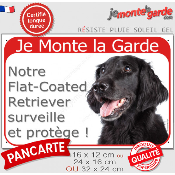 Flat Coated Retriever Tête, Plaque Portail rouge "Je Monte la Garde, surveille protège" pancarte panneau attention au chien 