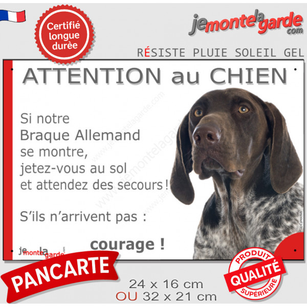 Braque Allemand marron foie, plaque humour "Attention au Chien, Jetez Vous au Sol, attendez secours, courage" pancarte photo