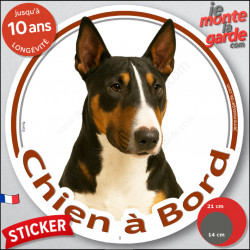Bull Terrier tricolore Tête, sticker autocollant rond "Chien à Bord" Disque photo adhésif vitre voiture auto