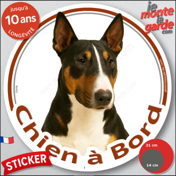 Bull Terrier tricolore Tête, sticker autocollant rond "Chien à Bord" Disque photo adhésif vitre voiture auto