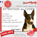 Bull Terrier tricolore, plaque extérieure humour "Attention au Chien, Jetez Vous au Sol" 2 tailles JET D