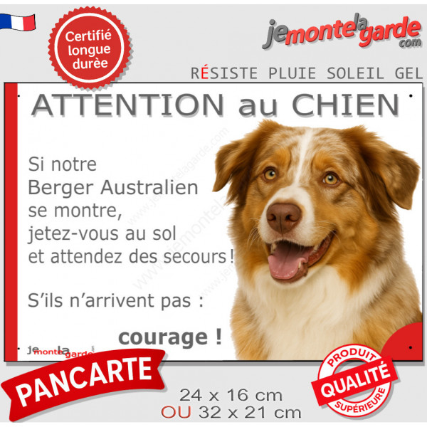 Berger Australien rouge merle yeux ambre, plaque portail humour "Attention au Chien, Jetez Vous au Sol" pancarte photo Aussie