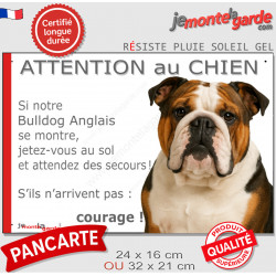 Bulldog Anglais tricolore, plaque portail humour "Attention au Chien, Jetez Vous au Sol, attendez secours, courage" photo