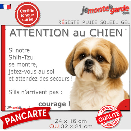 Shih-Tzu or gold et blanc, plaque humour "Attention au Chien, Jetez Vous au Sol, attendez secours, courage" photo, résiste pluie