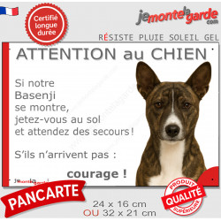 Basenji bringé, pancarte portail humour "Attention au Chien, Jetez Vous au Sol, attendez secours, courage" photo bassenji zébré
