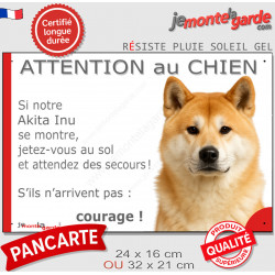 Akita Inu Japonais fauve rouge, plaque portail humour "Attention au Chien, Jetez Vous au Sol, attendez secours, courage" photo