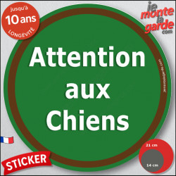Panneau sticker autocollant rond "Attention aux Chiens" vert liseré marron adhésif portail pancarte porte boîte aux lettres