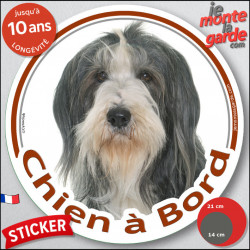 Bearded Collie noir et blanc, sticker autocollant rond "Chien à Bord" disque adhésif vitre voiture gris photo