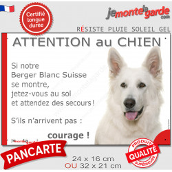 Berger Blanc Suisse, plaque portail humour "Attention au Chien, jetez-vous au sol, secours, courage" BBS photo