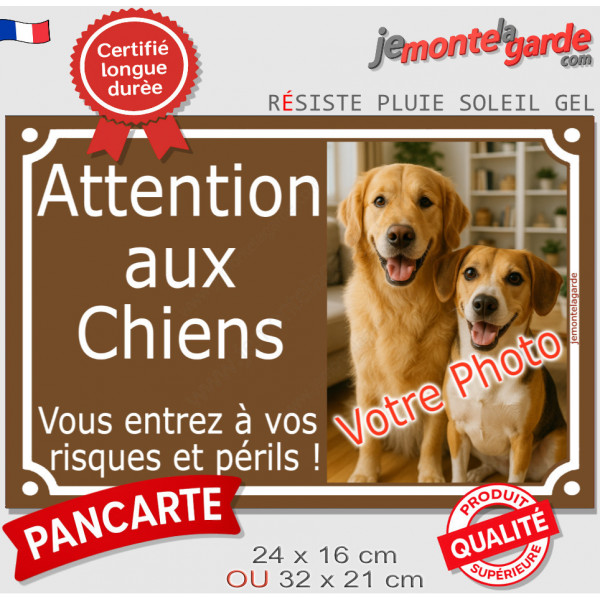 Photo personnalisable, plaque pluriel portail Marron chocolat "Attention aux Chiens, risques périls" rue résiste intempéries