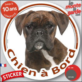 Boxer bringé marron Tête, sticker autocollant rond "Chien à Bord" Disque photo vitre voiture Boxeur zébré résiste pluie soleil g