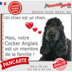 Cocker Anglais Noir, plaque "Un chien est Membre de la Famille" photo idée cadeau cadre résiste intempéries