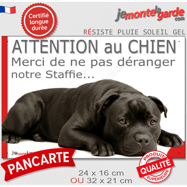Plaque portail humour extérieure "Attention au Chien, Merci de ne pas déranger notre Staffie tout noir". Photo drôle fatigué