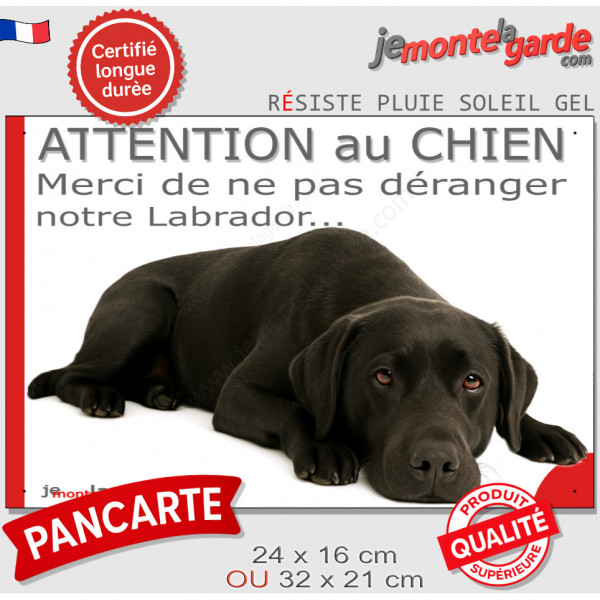 Plaque portail humour extérieur "Attention au Chien, Merci de ne pas déranger notre Labrador noir" Photo drôle fatigué 