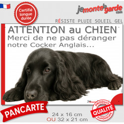 Plaque portail humour extérieure "Attention au Chien, Merci de ne pas déranger notre Cocker Anglais noir" photo sieste