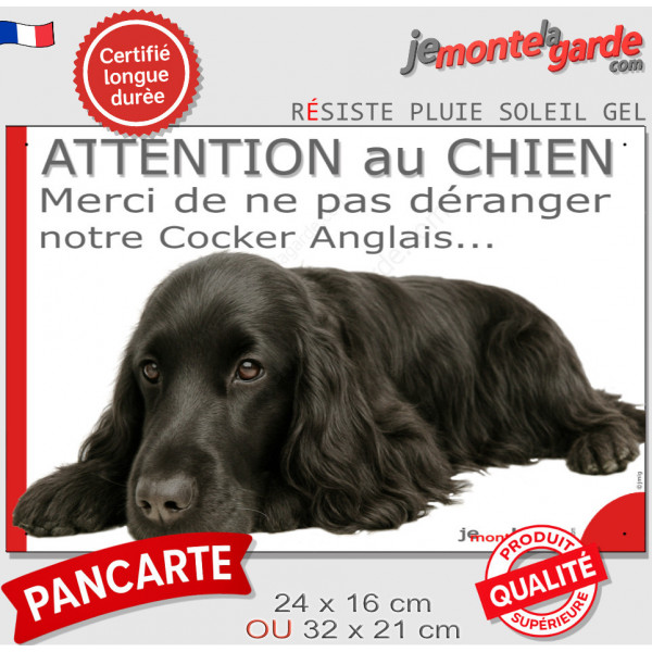 Plaque portail humour extérieure "Attention au Chien, Merci de ne pas déranger notre Cocker Anglais noir" photo sieste