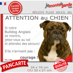 Bulldog Anglais bringé, plaque extérieure humour "Attention au Chien, Jetez Vous au Sol" 2 tailles JET D