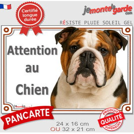 Bulldog Anglais tricolore, plaque portail extérieure "Attention au Chien" photo, résiste pluie soleil gel, idée cadeau