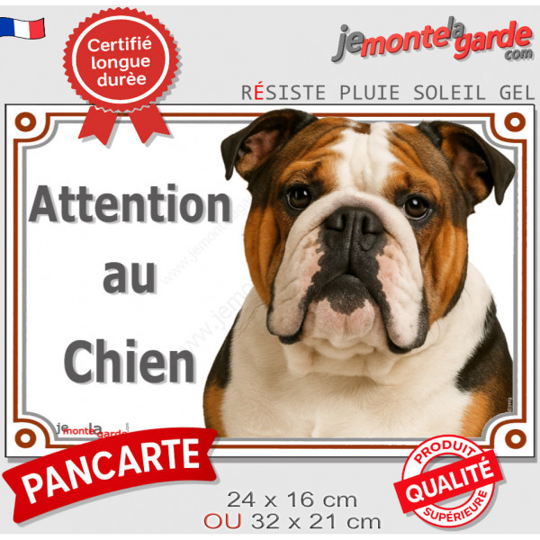 Bulldog Anglais tricolore, plaque portail extérieure "Attention au Chien" pancarte photo résiste intempéries
