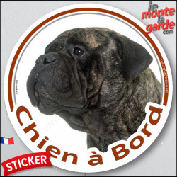 Bullmastiff bringé Tête, sticker autocollant rond "Chien à Bord" Disque photo adhésif vitre voiture bringué