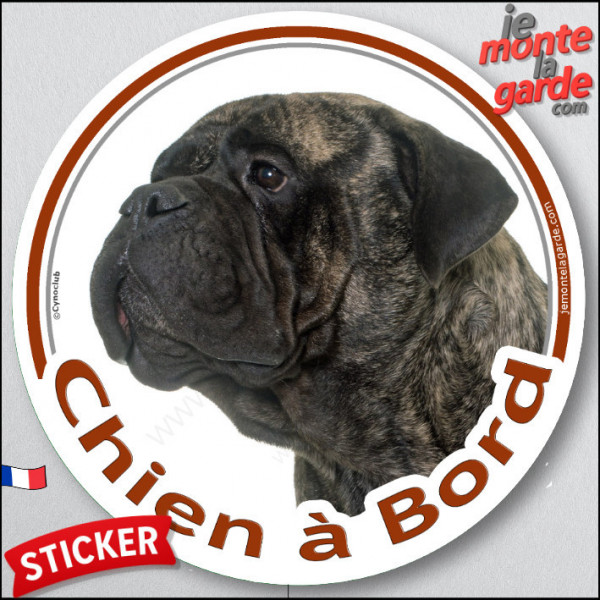 Bullmastiff bringé Tête, sticker autocollant rond "Chien à Bord" Disque photo adhésif vitre voiture bringué