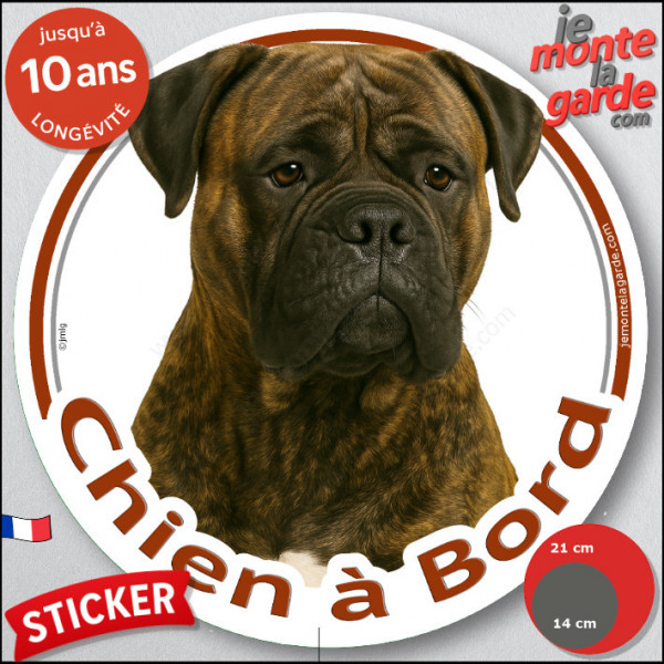Bullmastiff bringé Tête, sticker autocollant rond "Chien à Bord" Disque photo adhésif vitre voiture bringué résiste intempéries