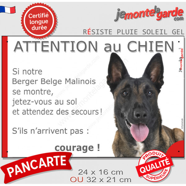 Berger Belge Malinois, plaque portail humour "Attention au Chien, Jetez Vous au Sol, courage" photo résiste intempéries