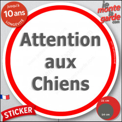 Panneau sticker autocollant rond "Attention aux Chiens" blanc liseré rouge adhésif portail pancarte porte boîte aux lettres