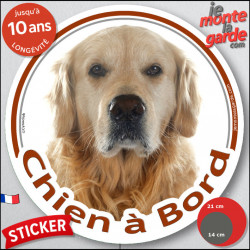 Golden Retriever Tête, sticker autocollant rond "Chien à Bord" Disque adhésif vitre voiture photo résiste intempéries