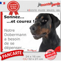 Dobermann noir et feu, plaque humour "Sonnez et Courez, besoin exercice !" 2 tailles RUN D