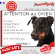 Dobermann noir et feu, Panneau humour "Attention au Chien, se montre, jetez-vous au sol et attendez secours courage" photo