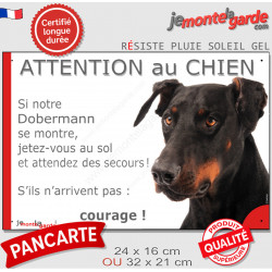 Dobermann noir et feu, Panneau humour "Attention au Chien, se montre, jetez-vous au sol et attendez secours courage" photo