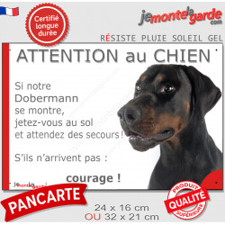 Dobermann noir et feu, Panneau humour "Attention au Chien, se montre, jetez-vous au sol et attendez secours courage" photo