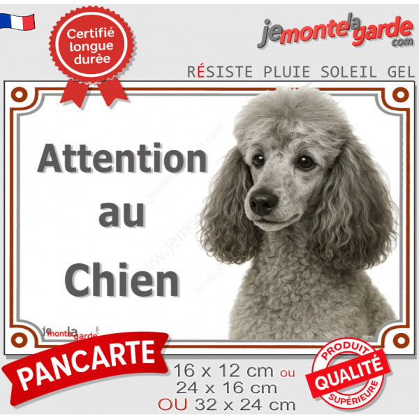 Caniche gris clair Tête, Plaque portail photo extérieure "Attention au chien" résiste pluie soleil gel