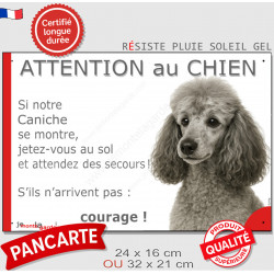 Caniche gris clair, plaque portail humour "Attention au Chien, Jetez Vous au Sol, secours, courage" photo résiste intempéries