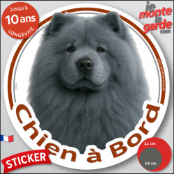 Chow-Chow gris bleu Tête, sticker autocollant rond "Chien à Bord" Disque adhésif vitre voiture photo résiste intempéries