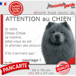 Chow-Chow gris bleu, plaque portail humour "Attention au Chien, Jetez Vous au Sol, attendez secours, courage" photo chien race