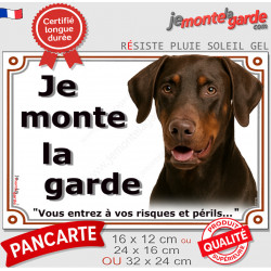 Dobermann marron chocolat et Feu Tête, Plaque portail "Je Monte la Garde, entrez à vos risques périls" photo résiste intempéries