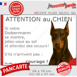 Dobermann marron et feu oreilles taillées, plaque humour "Attention au Chien, Jetez Vous au Sol, secours, courage" photo