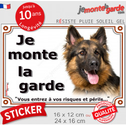 Berger Allemand noir et feu poils longs, panneau autocollant "Je Monte la Garde, risques périls" Pancarte photo sticker adhésif 