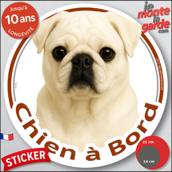 Carlin crème sable, sticker autocollant rond "Chien à Bord" Disque adhésif vitre voiture photo résiste intempéries