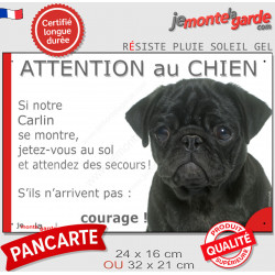 Carlin noir, plaque portail humour "Attention au Chien, Jetez Vous au Sol, attendez secours courage" photo résiste intempéries