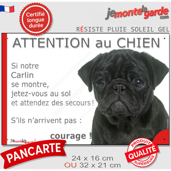 Carlin noir, plaque portail humour "Attention au Chien, Jetez Vous au Sol, attendez secours courage" photo résiste intempéries