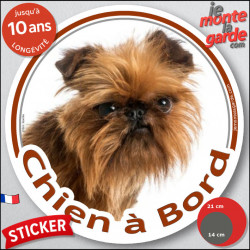 Griffon Bruxellois rouge, sticker autocollant rond "Chien à Bord" disque photo adhésif vitre voiture résiste intempéries
