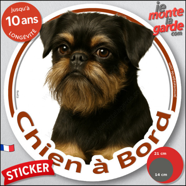 Griffon Belge noir et feu, sticker autocollant rond "Chien à Bord" disque photo adhésif vitre voiture résiste intempéries