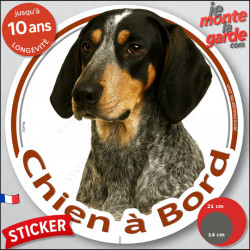Bleu de Gascogne, disque photo autocollant "Chien à Bord" Disque vitre voiture résiste intempéries