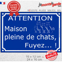 Plaque ou sticker extérieurs bleue "Attention, Maison pleine de chats, fuyez !" 2 tailles D