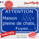 Pancarte portail bleu humour extérieurs "Attention, Maison pleine de chats, fuyez !" pluriel résiste intempéries